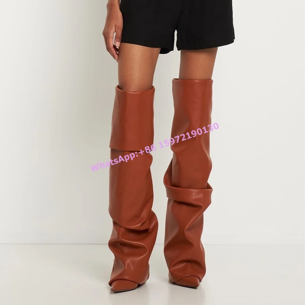 Pleated Over The Knee Boots Solid Pointy Tie Thin Heels Turn Over Edges Slip On Knee High Boots Women's Concise Winter Shoes