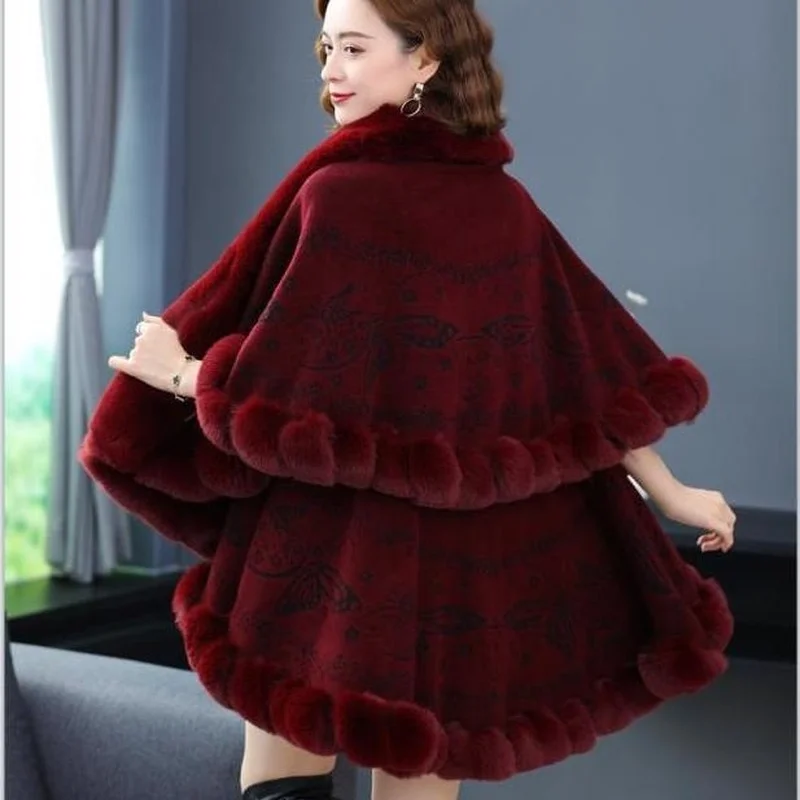 

Fashion Double Layer Faux Fox Fur Collar Cape Shawl Long Knit Cardigan Coats Poncho Wraps Pashmina Cloak Women Winter E572