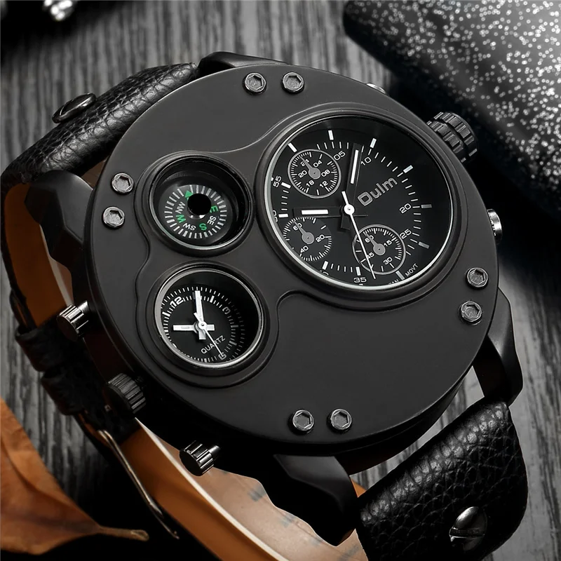 OULM Mens Watches Top Luxury Brand Sport Wrist Watch Multiple Time Zones Quartz Military Genuine Leather Relogio Masculino