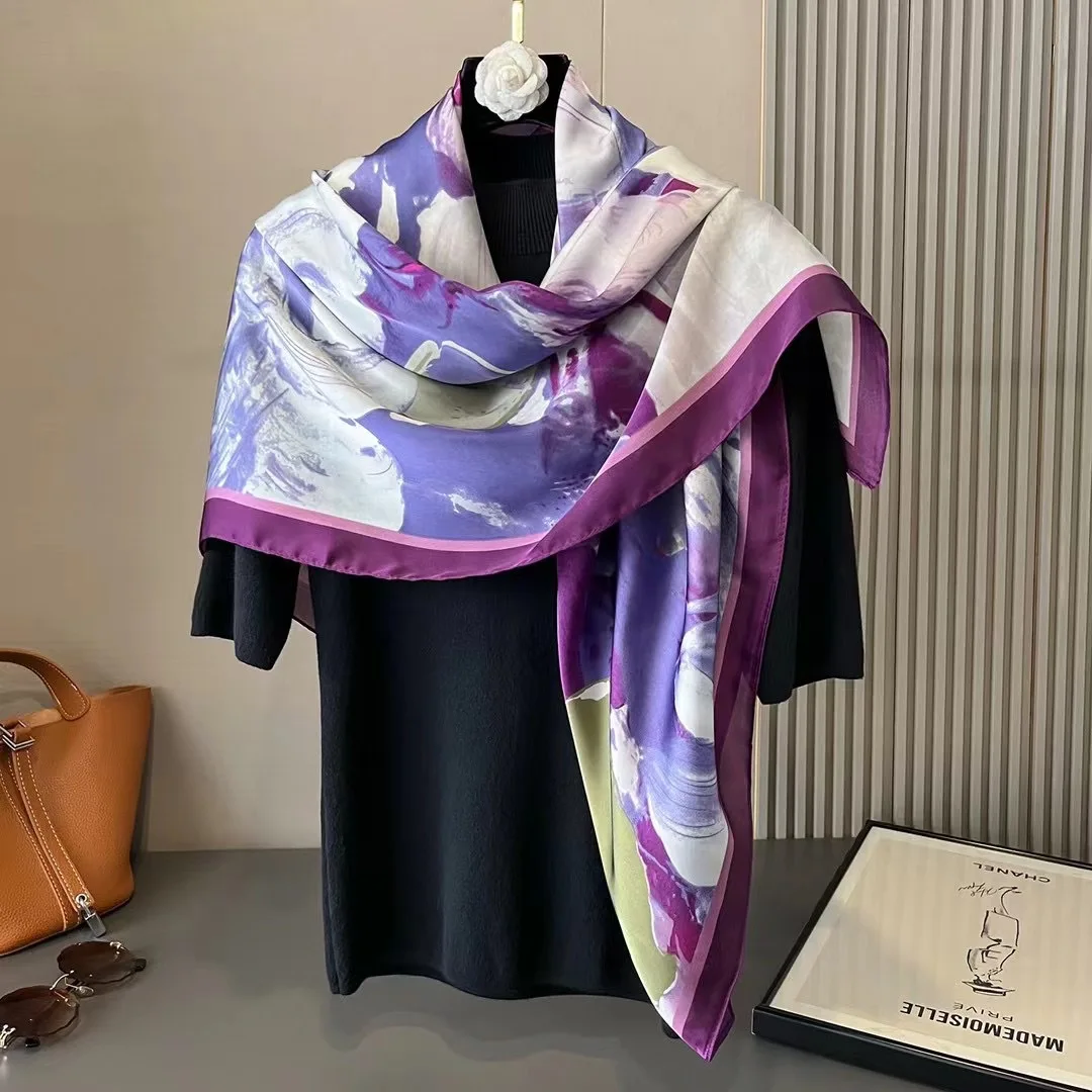 

2025 New 110cm large scarf satin printed silk scarf Lijin forged imitation silk women's headscarf