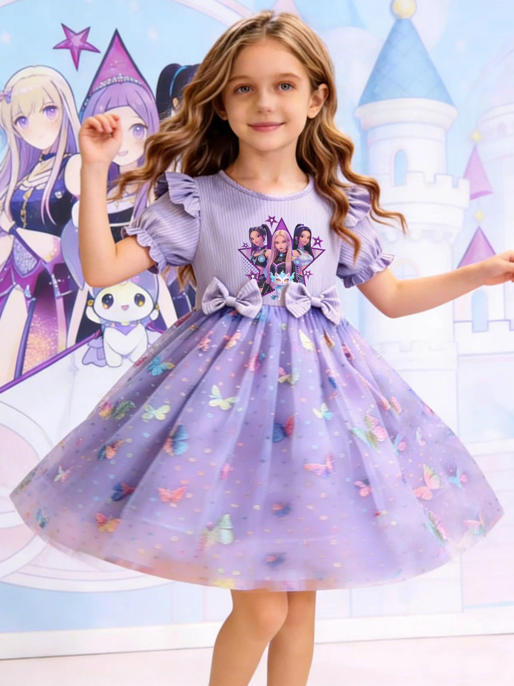 Lila Schmetterling Tüll Prinzessinnenkleid für Mädchen, Sommer Anime IP Besticktes Flatterärmel-Kleid – Detail 4