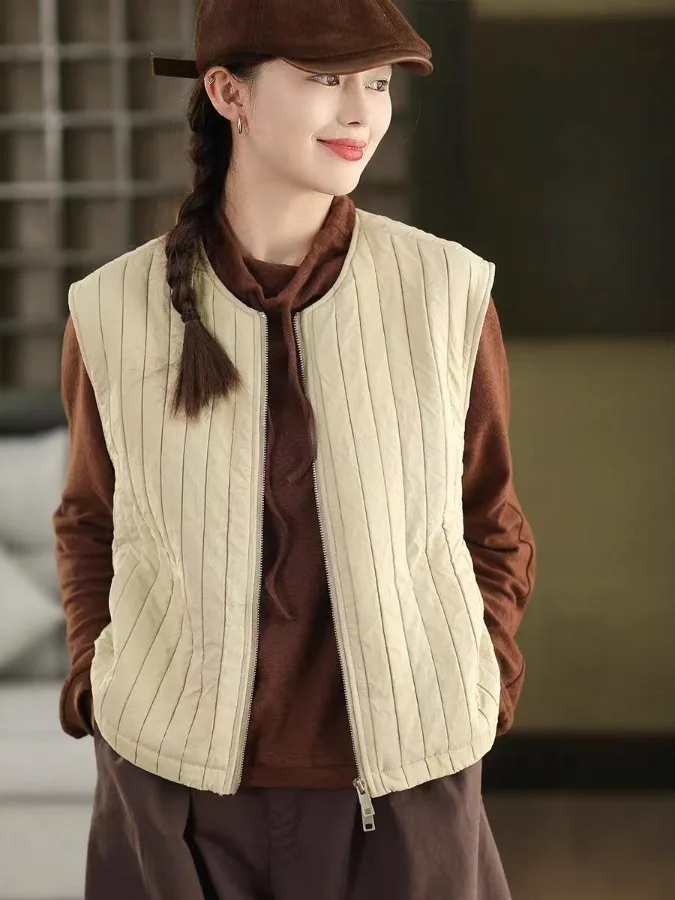 Gilet en coton rayé rétro pour femme, fermeture éclair, polyvalent, ample, rond, bouton unique, nouvelle collection hiver