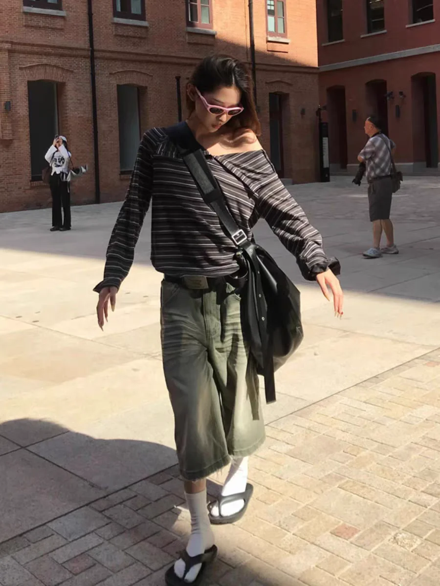 Damskie koszulki w paski na co dzień z odkrytymi ramionami, amerykański styl retro, długi rękaw, wyszczuplająca bluzka w stylu \"spicy girl\", obcisła bluzka Harajuku Y2k