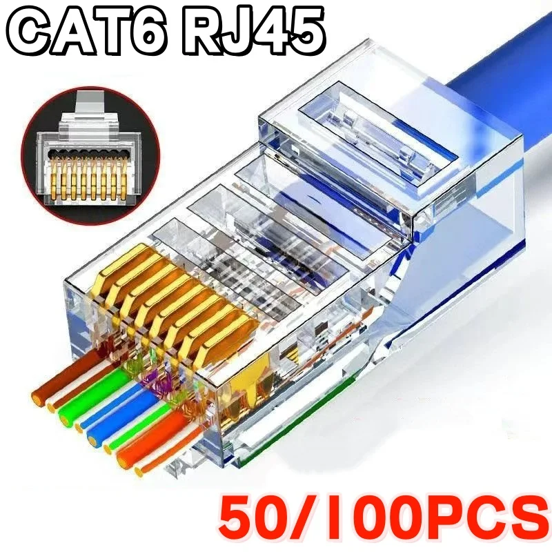 50/100Pcs Pass Through RJ45 Cat6/Cat5e Connectors Crystal End 8P8C Crimp UTP Standard Ethernet Network Modular Plug