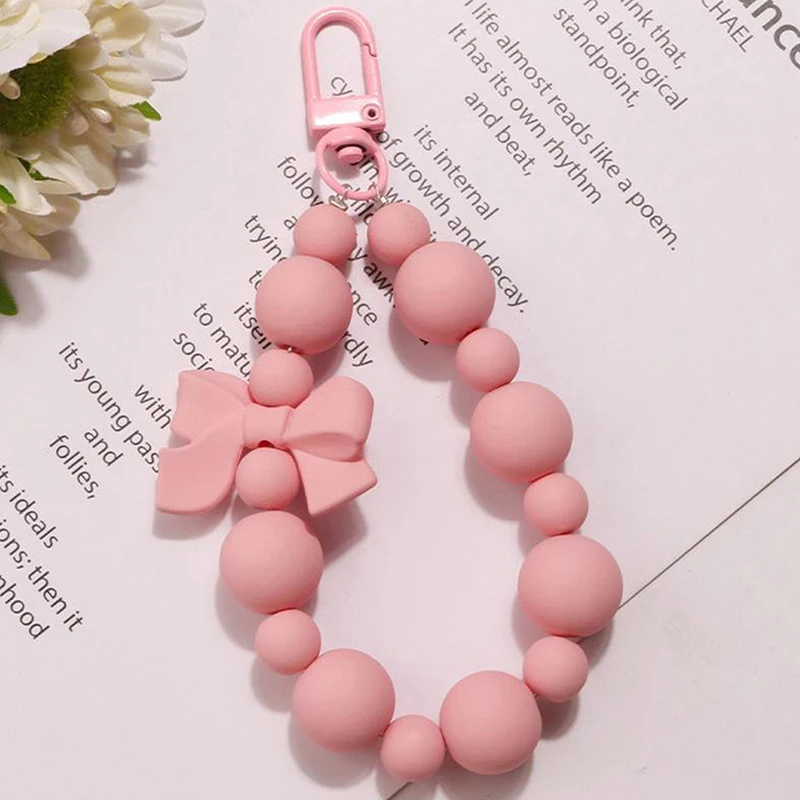 Sweet Pink Bow Beaded Keychain Mobile Phone Chain Earphone Bag Charms Anti-lost Rope Car Keyring Backpack Pendant Jewelry