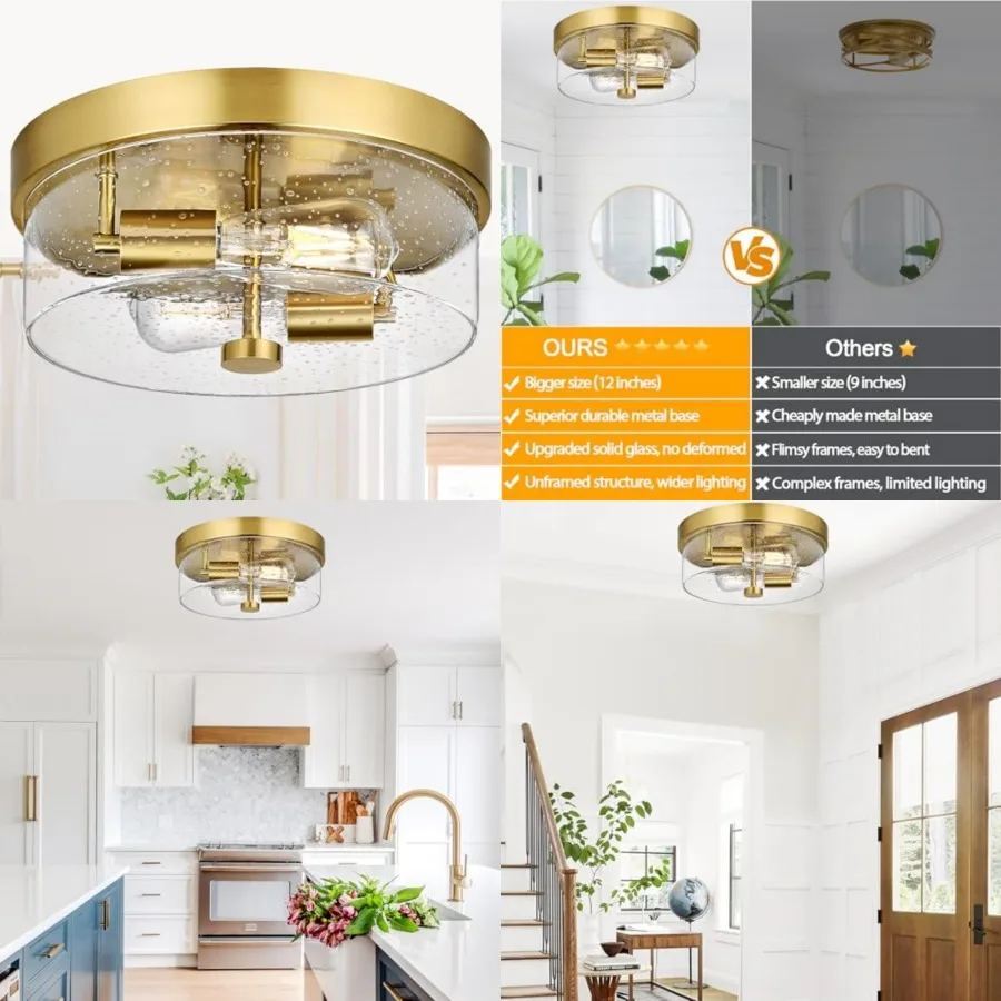 

Flush Mount Ceiling Light Fixtures, 2-Light Ceiling Mount for Farmhouse with Seeded Glass Lampshade, Industrial Flush Mount Lig