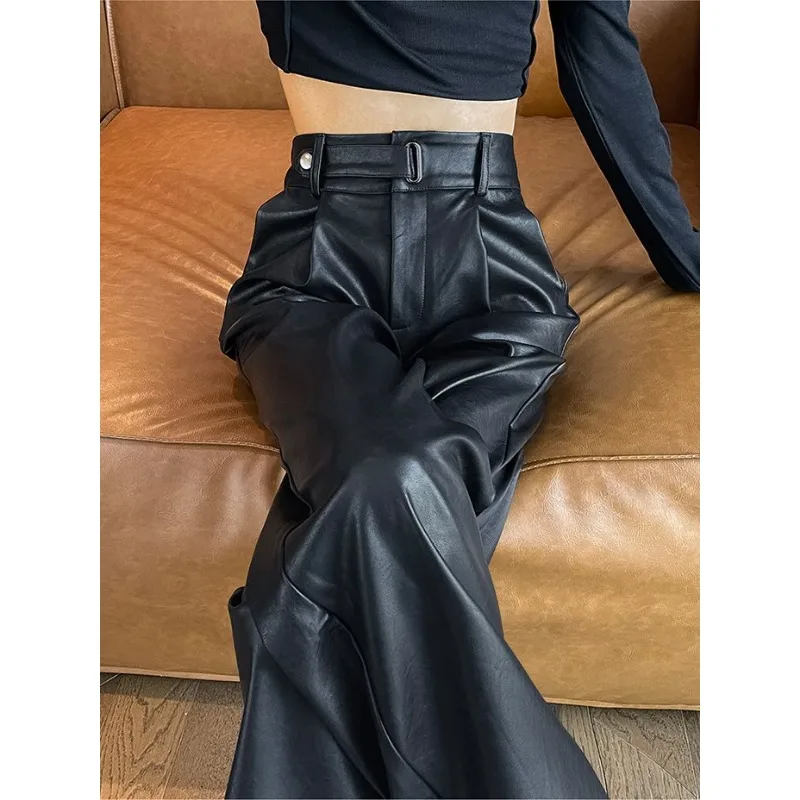 

Женские черные брюки из искусственной кожи с высокой талией, широкими штанинами, плиссированные, повседневные, с поясом на талии