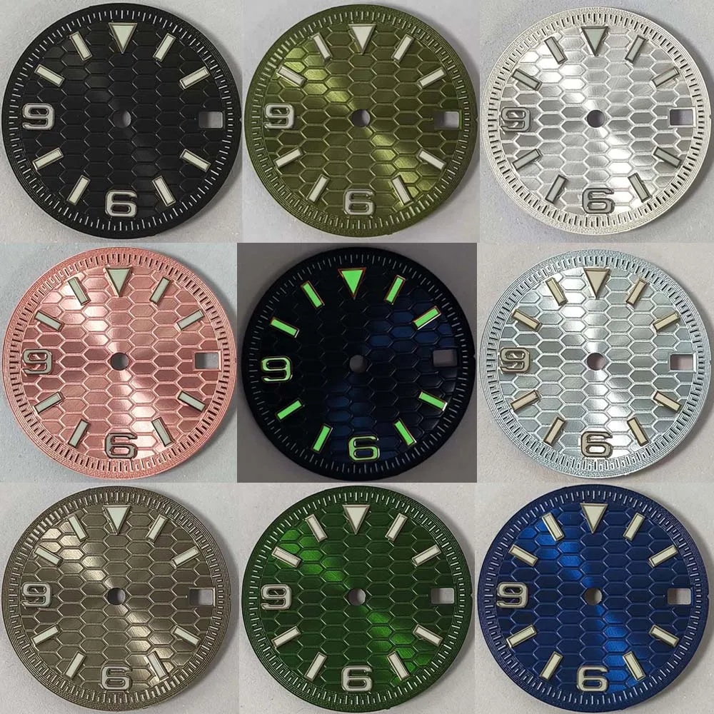 

Циферблат часов со змеиным узором и зеленой светящейся датой на 3,8 4,2 с одним календарем, 28,5 мм, циферблат для часов NH35 NH36 4R 7S Механизм