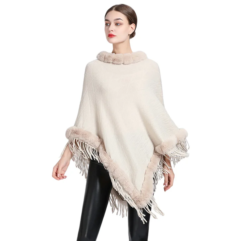 Poncho Tassel Shawl Faux Fur Collar Women's ARGYLE Pattern Cape Fringed Asymmetric Cover Up Diamond Shawl