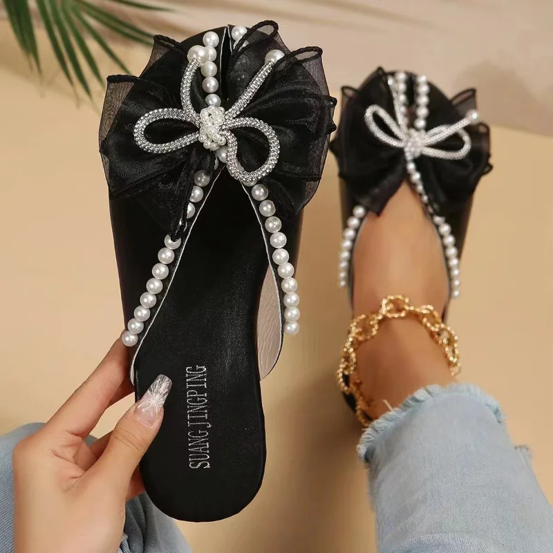 Summer Women\'s Closed Toe Flat Slippers 2023 New Fashion Bowknot Beading Casual Slides Shoes for Women Outdoor Ladies Sandals