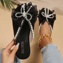 Summer Women's Closed Toe Flat Slippers 2023 New Fashion Bowknot Beading Casual Slides Shoes for Women Outdoor Ladies Sandals