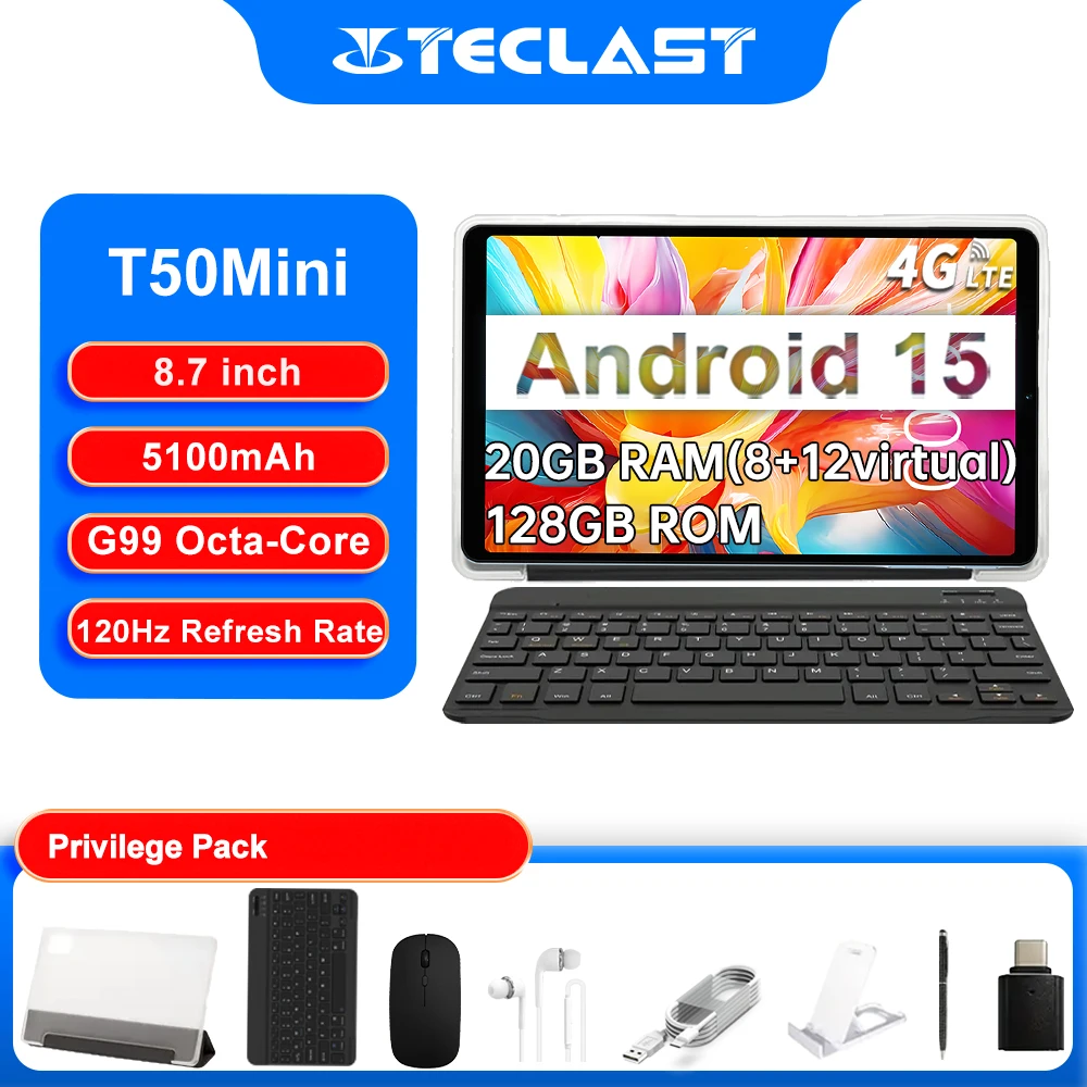 تابلت Teclast T50Mini مقاس 8.7 بوصة Android15، G99 ثماني النواة، وذاكرة وصول عشوائي 8 جيجابايت/128 جيجابايت، وشريحتين 4G، وحزمة ملحقات لوحة المفاتيح والماوس اللاسلكي #1