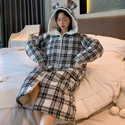 2 Layers Quilted Thick Robe Women Winter Plaid Hooded Kimono Sleepwear Nightgown Warm Long Morning Gown Bathrobe Soft Home Wear