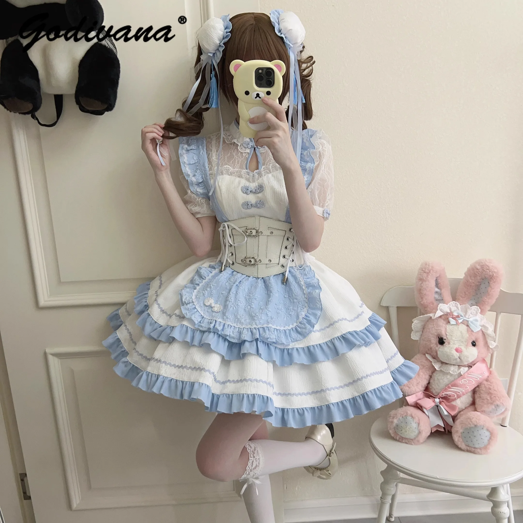 

Lolita Dress New Summer Cute Girl Female Chinese Style Lace Short Sleeve Sweet Op Dress with Apron Wide Waist Seal