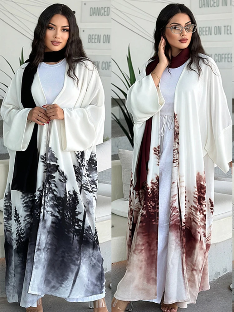 Eid Tie Dye Print Abaya for Women Muslim Cardigan Dress Ramadan Elegant Morocco Kaftan Vestidos Largos Dubai Robe Jalabiya 2024