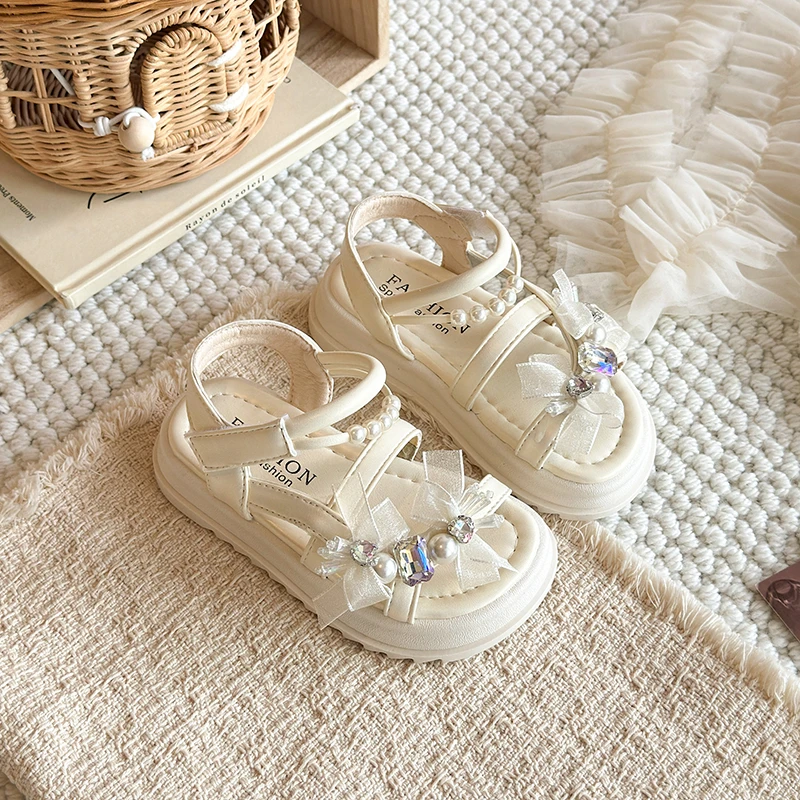 Little Girls Princess Style Leather Sandals with Cute Bow 2026 New Summer Kids Chunky Beach Shoes Non-slip Trendy Party Wedding
