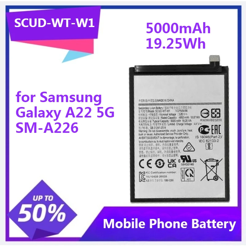 

1pcs SCUD-WT-W1 WT-N1 Replacement Battery for Samsung Galaxy A22 5G SM-A226 SM-A226B F42 5G 5000mAh 19.25Wh Battery