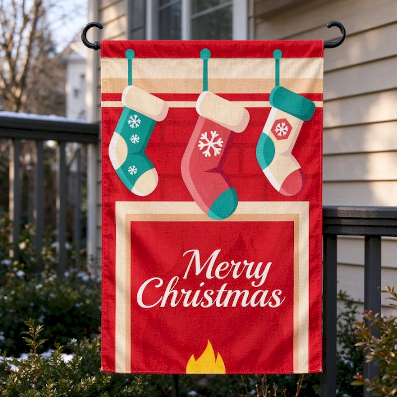 VIKAMA Merry Christmas Garden Flag, Fireplace Stockings Outdoor Yard Hanging Decor, Xmas Outdoor Holiday Decor