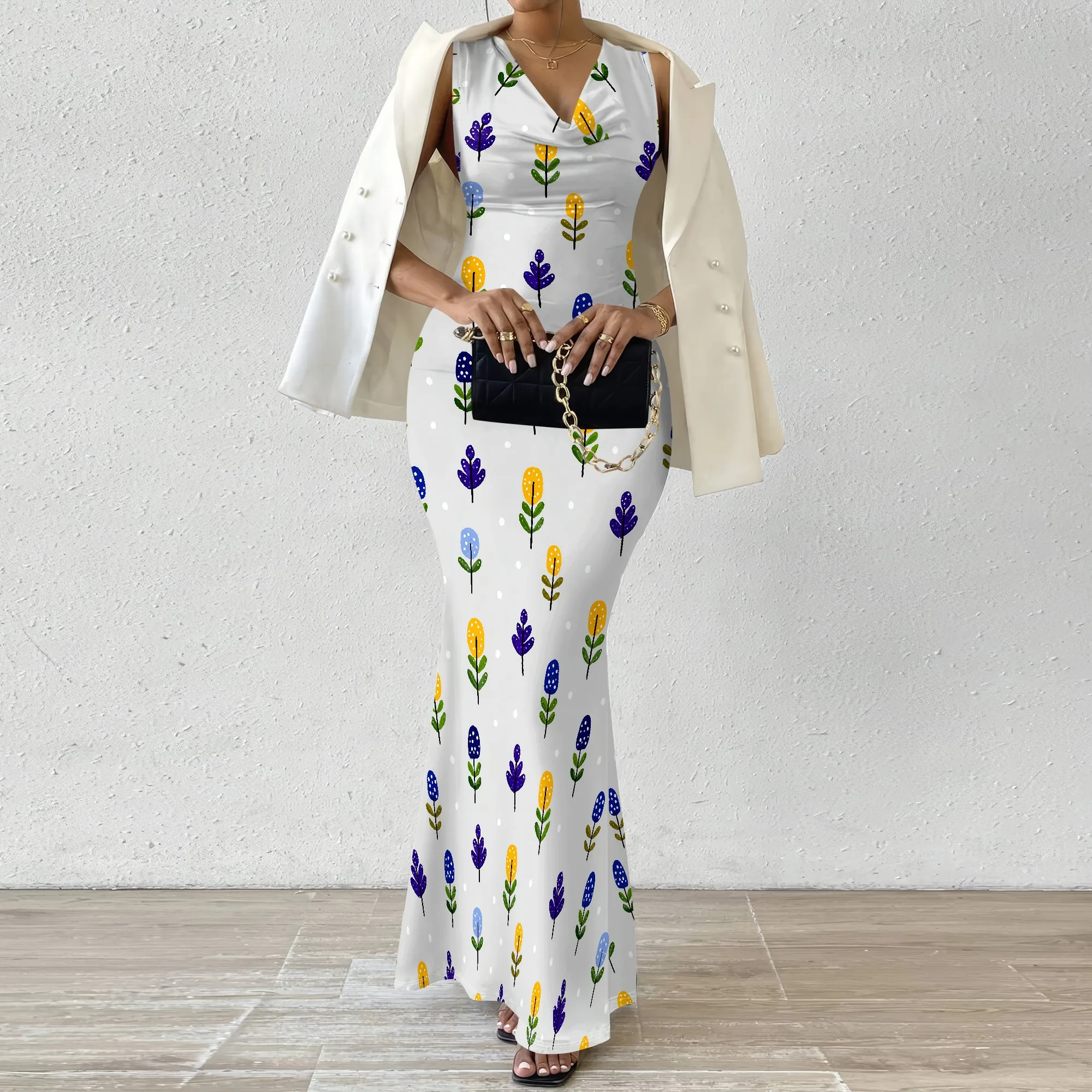 Floral V-Neck Maxi Dress for Women 2025 New Arrival Colorful Print Casual Summer Dress XS-2XL