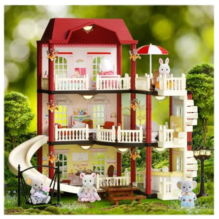 Dollhouse Kit Playset for Indoor Play, Wooden Material, Pastel Pink Color, Includes Swimming Pool and Slide for Imaginative Fam
