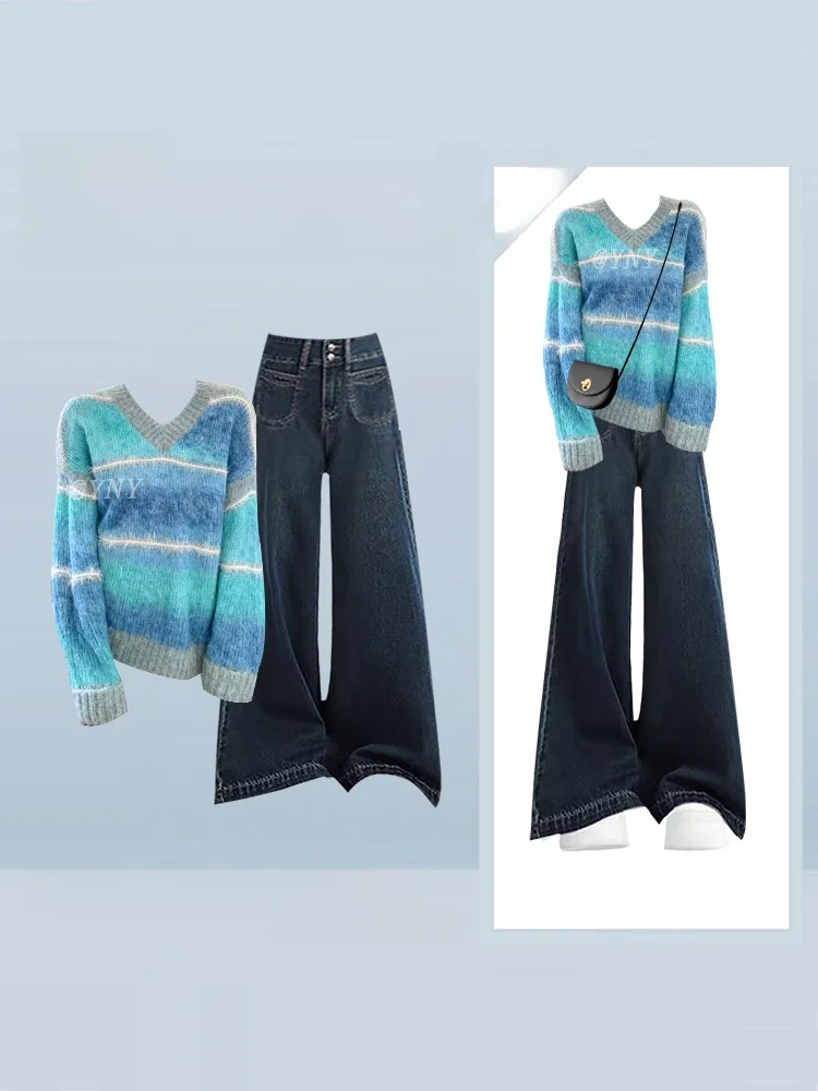 

Корейский осенне-зимний женский комплект: свитер в нежную полоску и джинсы с высокой талией для стройности, повседневный модный образ