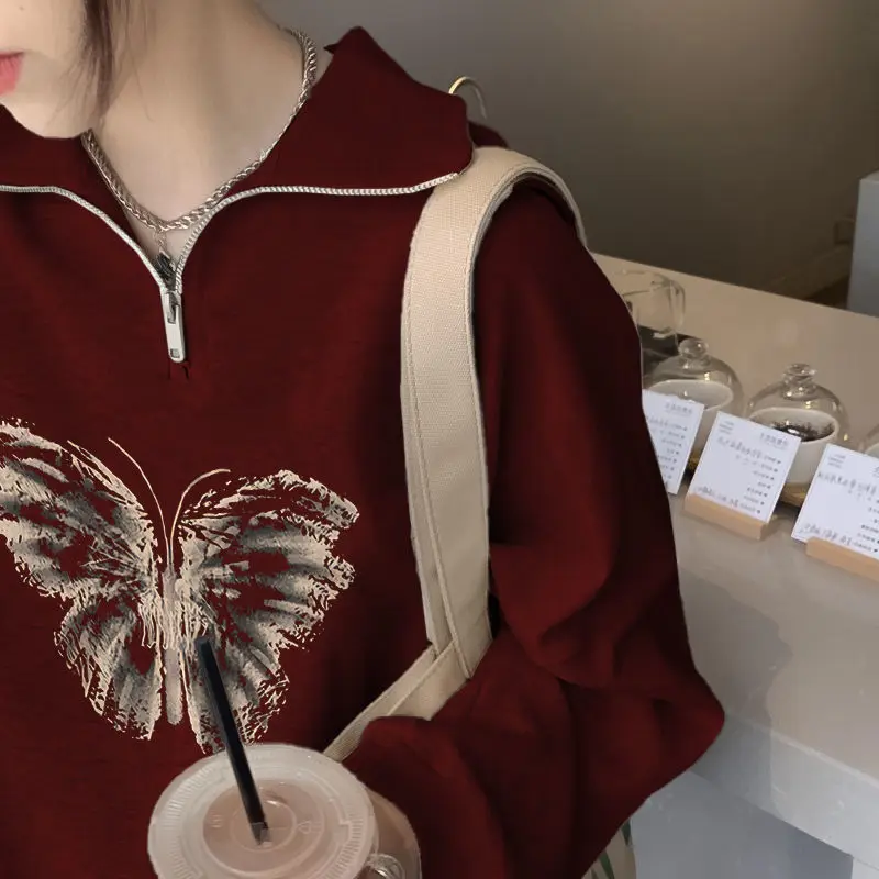 Ladies Thickened Fleece Hoodie Zipper Long Sleeve Neck Sweatshirt Autumn Winter Loose Fit Red Color Block Casual Streetwear
