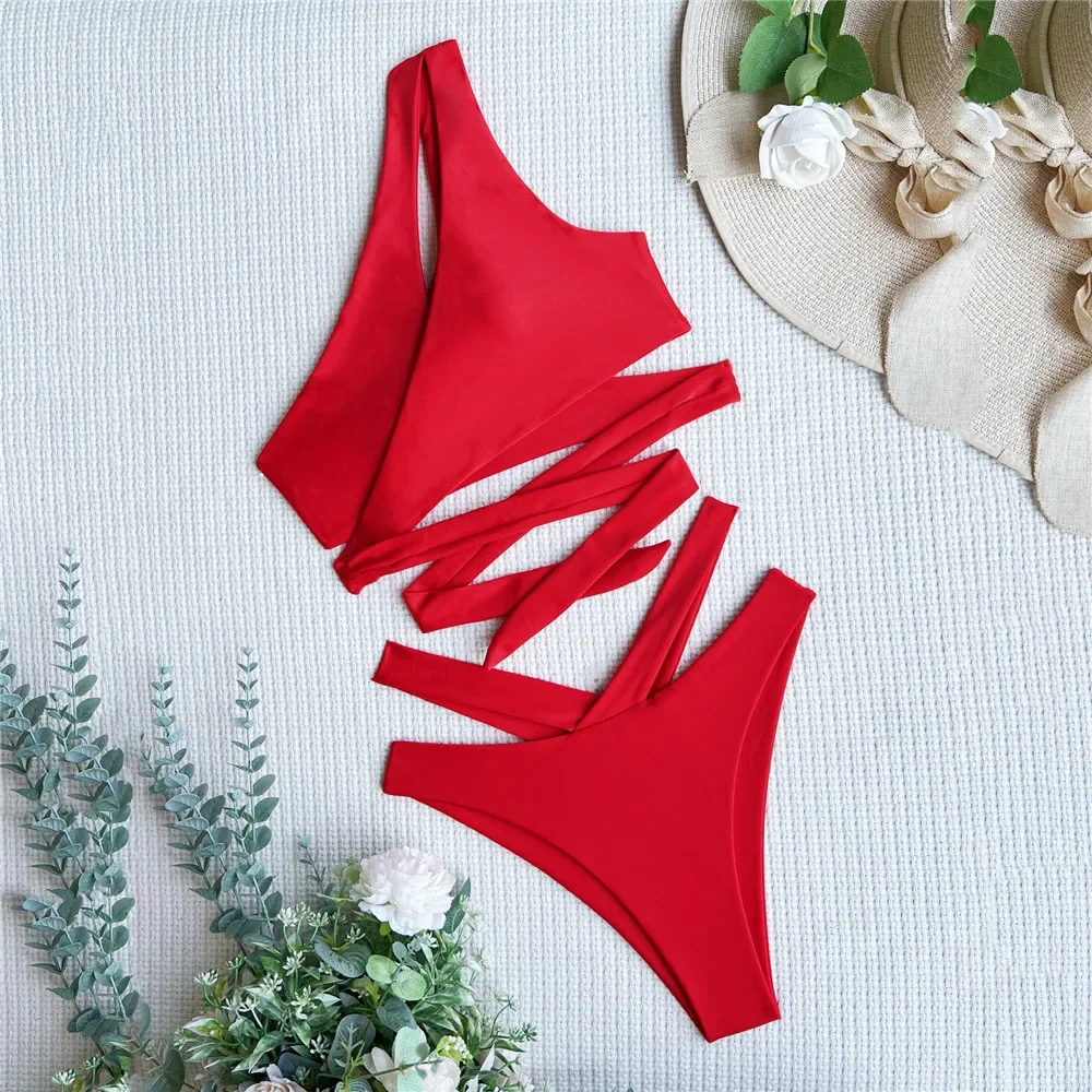 

Красный крест, бандажный купальник на одно плечо, комплекты бикини с высокой талией, сексуальный купальник, женский купальный костюм 2025 года, бикини, бикини Mujer
