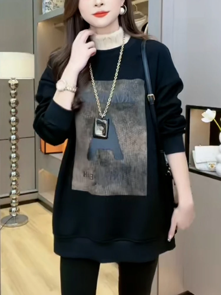 여성용 기모 안감 중간 길이 하이 칼라 스웨트셔츠 겨울 신상 한국 스타일 다용도 배 커버 자켓