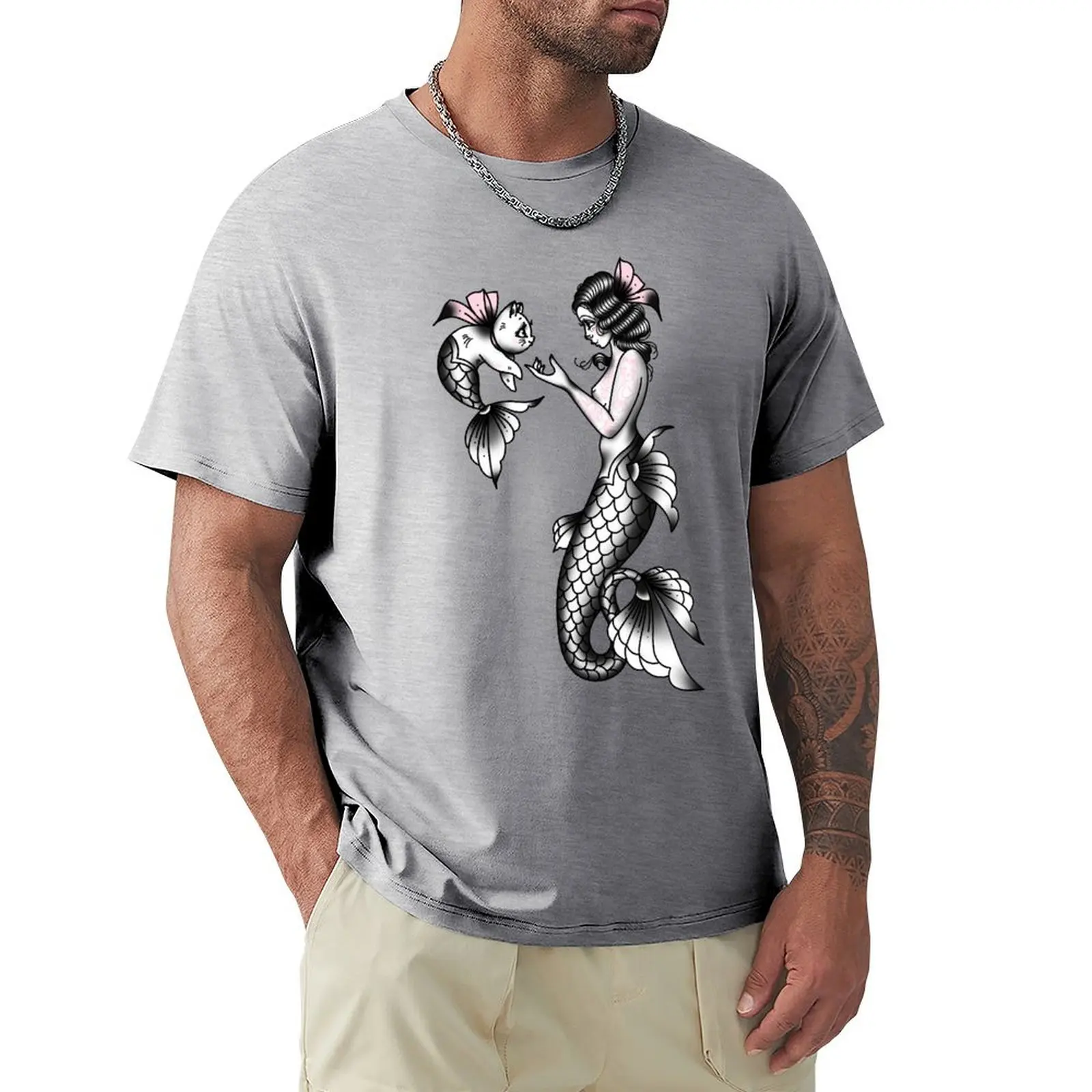 Mermaid and Cat Love Vintage Style Traditional Flash Tattoo T-shirt boys whites anime clothes mens cotton t shirts