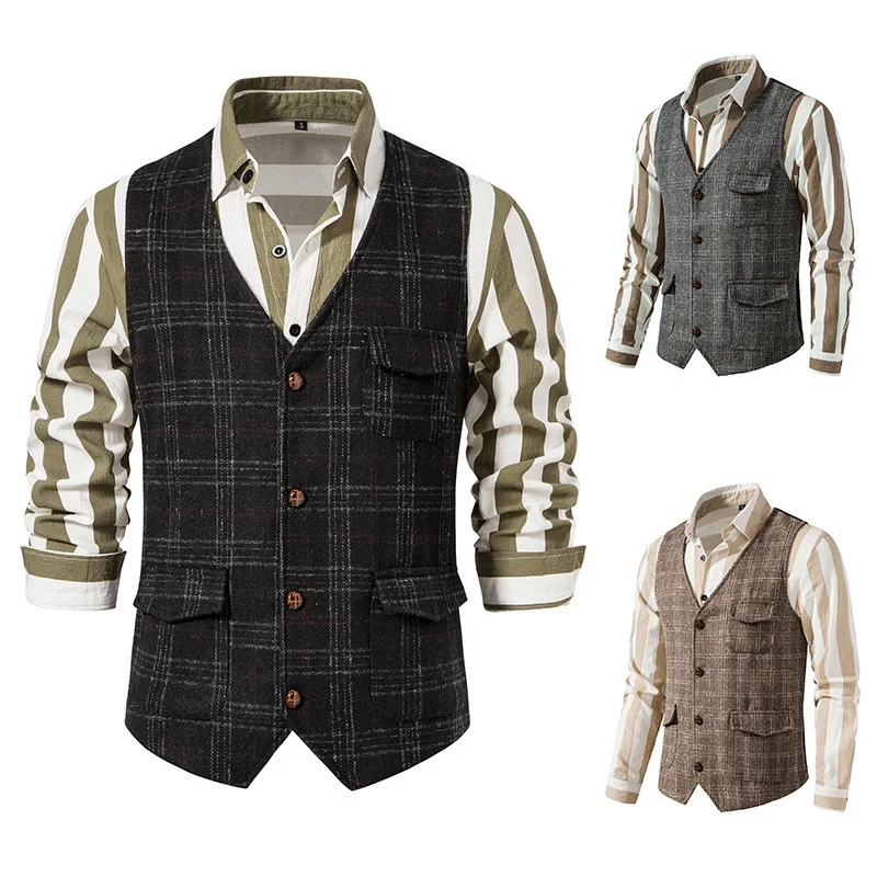 V Neck Men's Suits Vest Casual Classic Formal Business Herringbone Tweed Slim Fit Waistcoat For Wedding Groomsmen