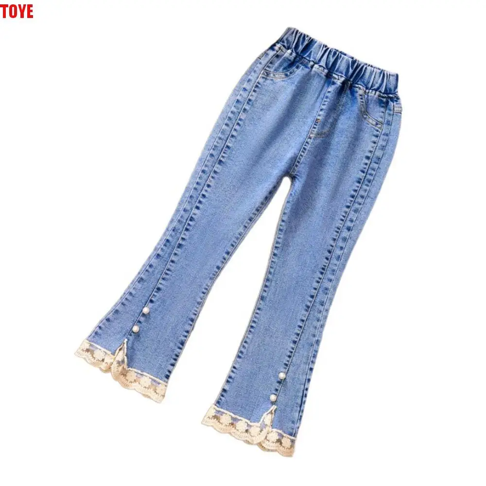 

Soft Lace Y2k Bow Denim Jeans Wide Leg Irregular Teens Bell-bottom Trousers Loose Clothing Girl Split Cowboy Pants Party