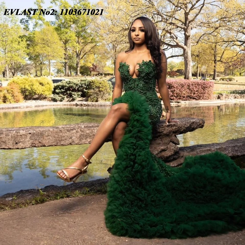 EVLAST Customized Glitter Dark Green Ruffles Mermaid Prom Dress Black Girls High Slit Diamond Beaded Evening Party Gown E2P279