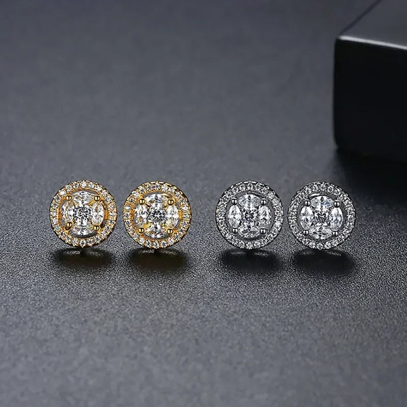 1 Pair Light Luxury Round Zircon Piercing Stud Earrings for Women Gold Silver Color Ear Accessories OL Fashion Jewelry