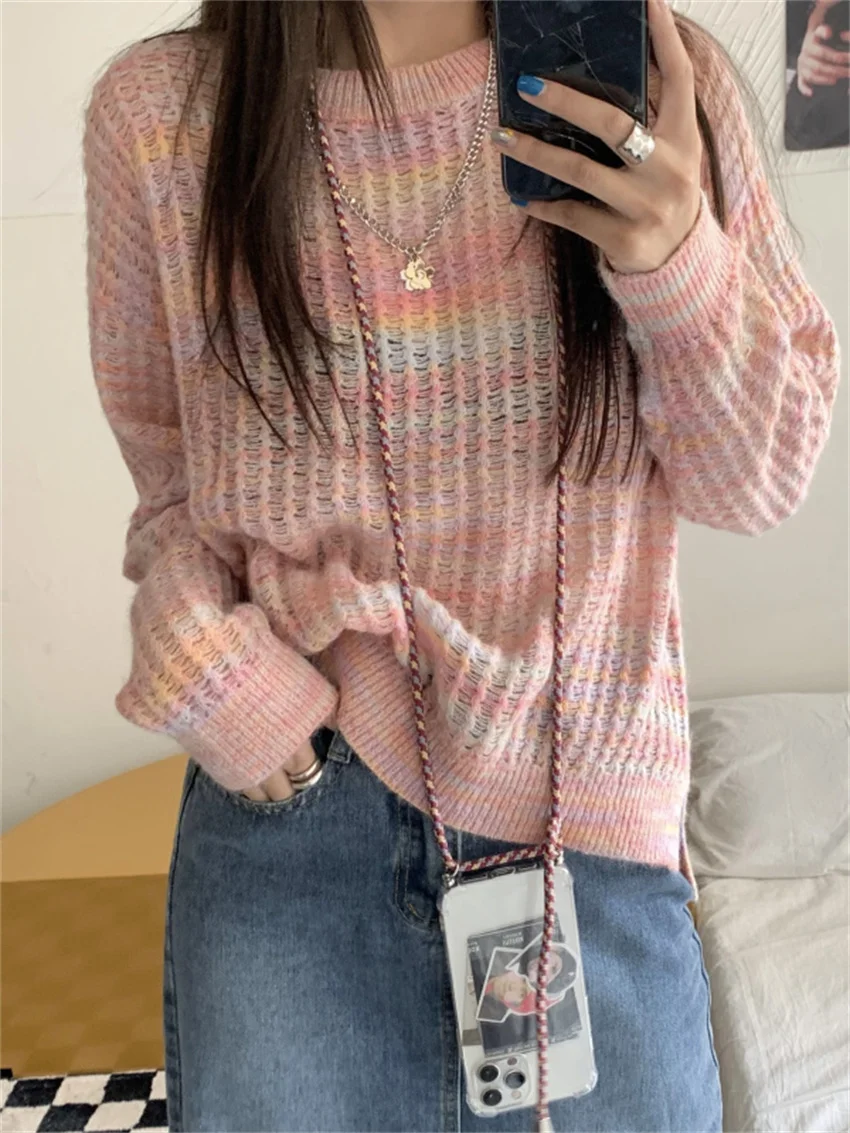 PLAMTEE Rainbow Stripes Sweaters Women Sweet Girls Knitted 2024 Spring OL Chic Loose Soft Casual Pullovers Office Lady Gentle