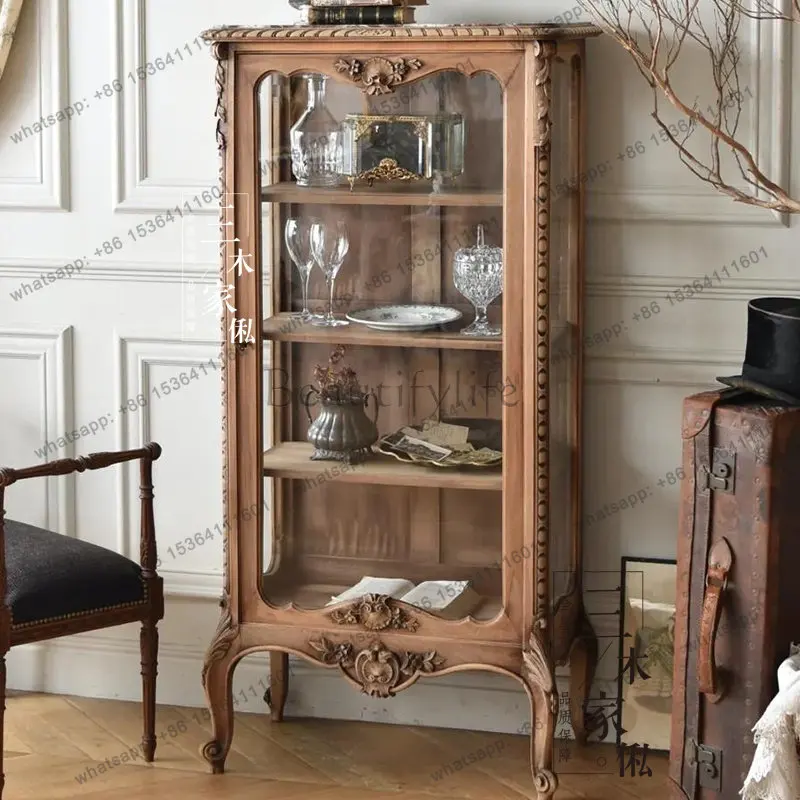 YJ French Retro Solid Wood Wine Cabinet Living Room Display Cabinet Glass Door Engraved Decoration