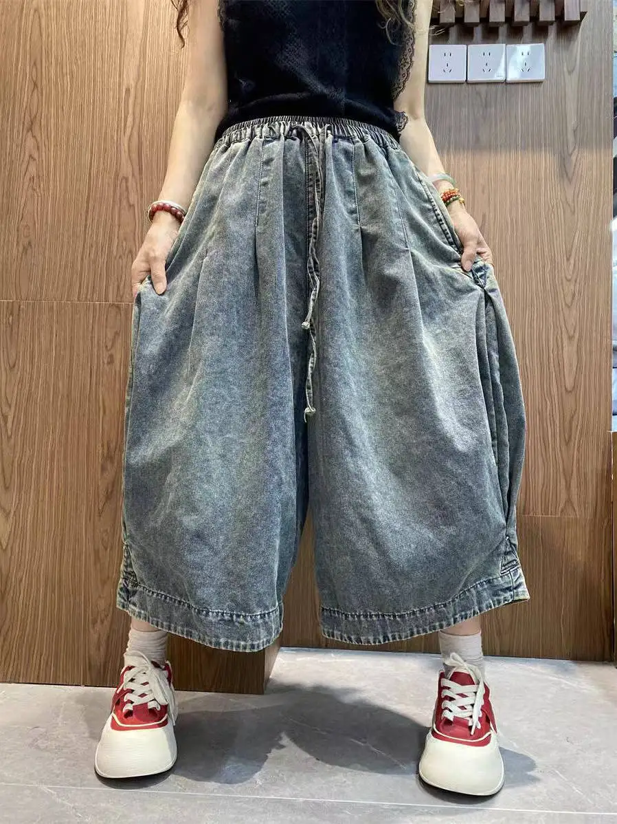 

Casual Wide Leg Jeans Women's High Waist Loose Fit Summer Faion Brand Elastic Waist Nine Points Pants Versatile Casual Sle