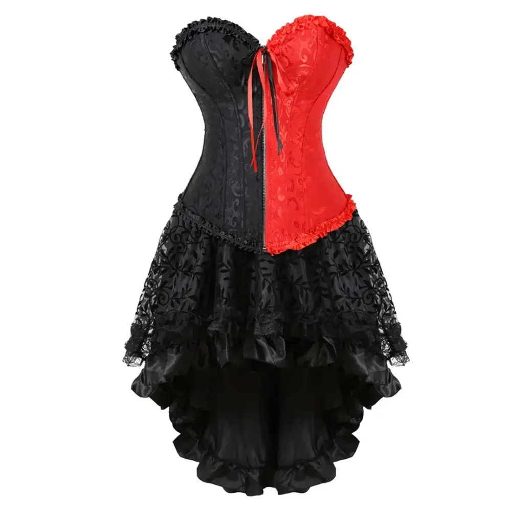 

Vintage Corset Dress Women Sexy Floral Gothic Corset Bustier Top Lace Skirt Set Plus Size Overbust Burlesque Costume