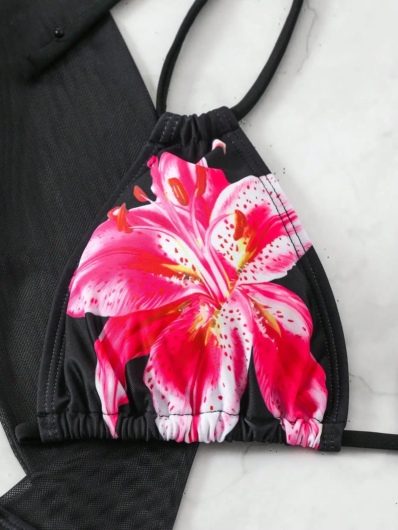 

4-Piece Beachwear Set: Pink Lily Print Triangle Top, Cropped Mesh Cover-Up, And Matching Skirt