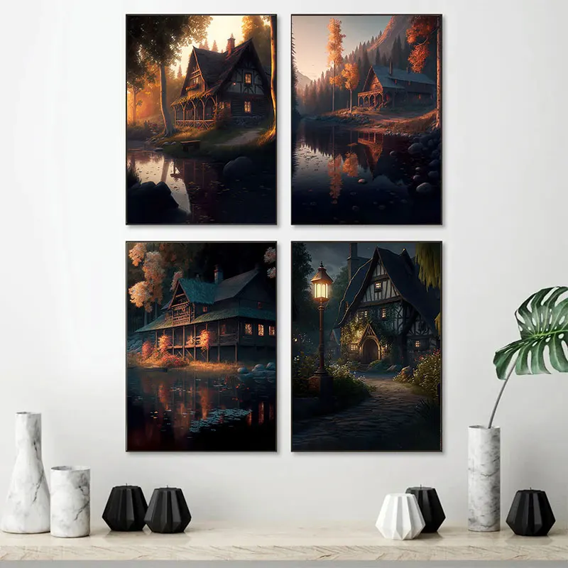 Forest Dream Magic Real Houses Natural Landscape Canvas Painting Wall Art Picture Posters Modern Living Room Home Decor Gifts