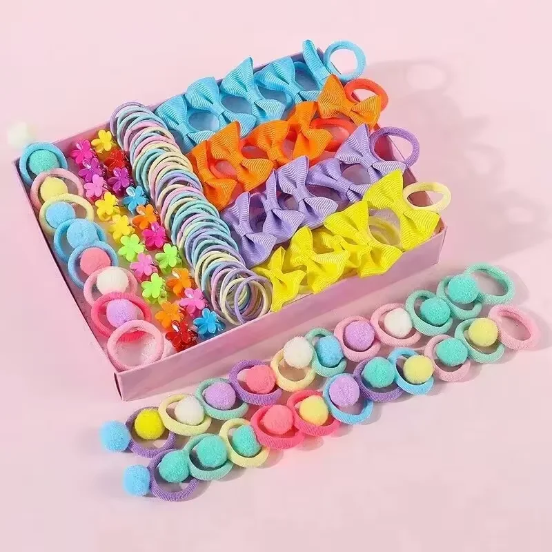 120PCS Hair Accessories Set For Girls Colorful Bowknot Hair Band Children Ponytail Holder Hair Ties Kids Elastic Rubber Bands