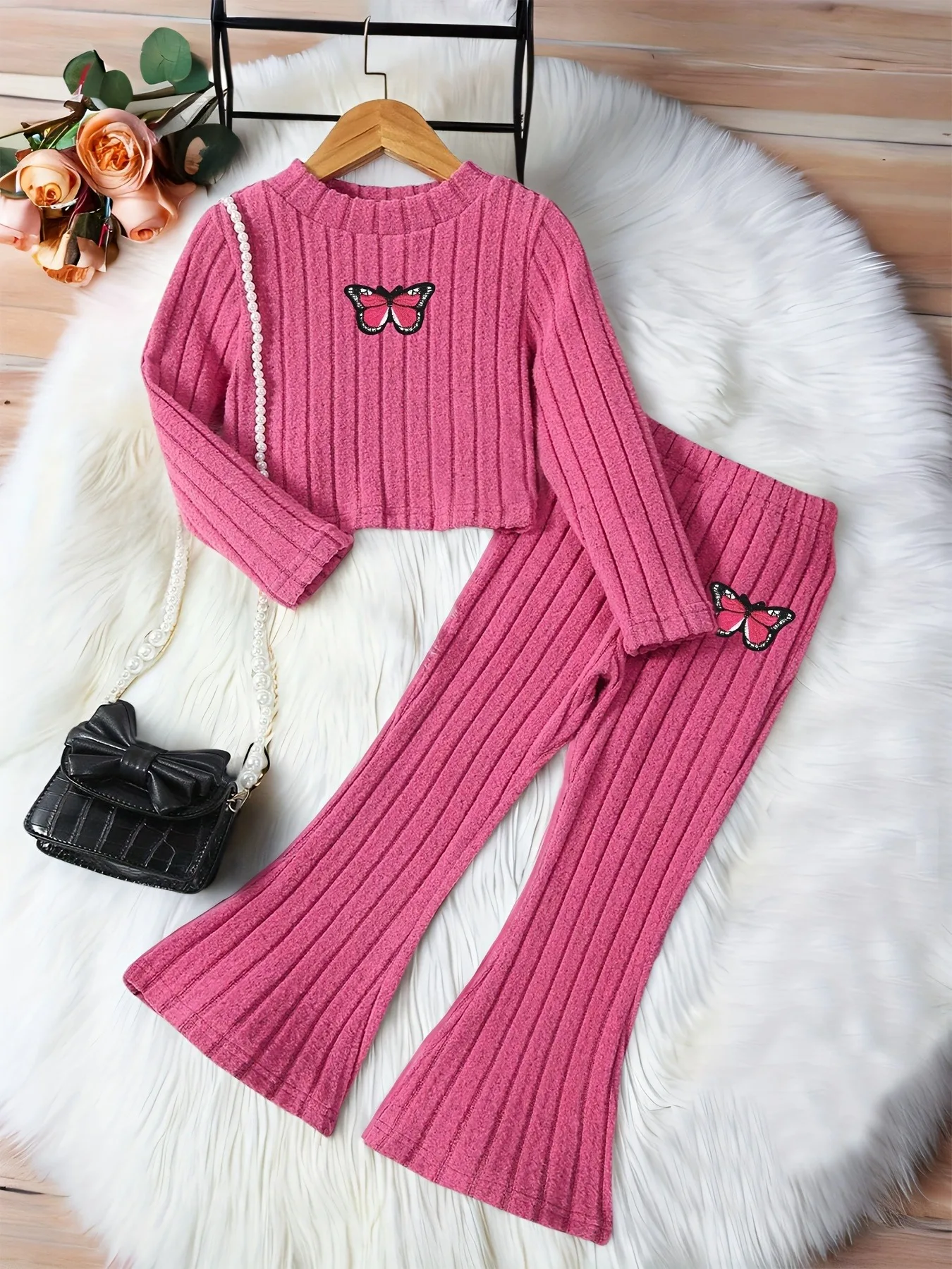 Pink Butterfly Girls 2 Piece Pants Set Ribbed Long Sleeve Crop Top & Flare Leggings Cute Casual Outfit