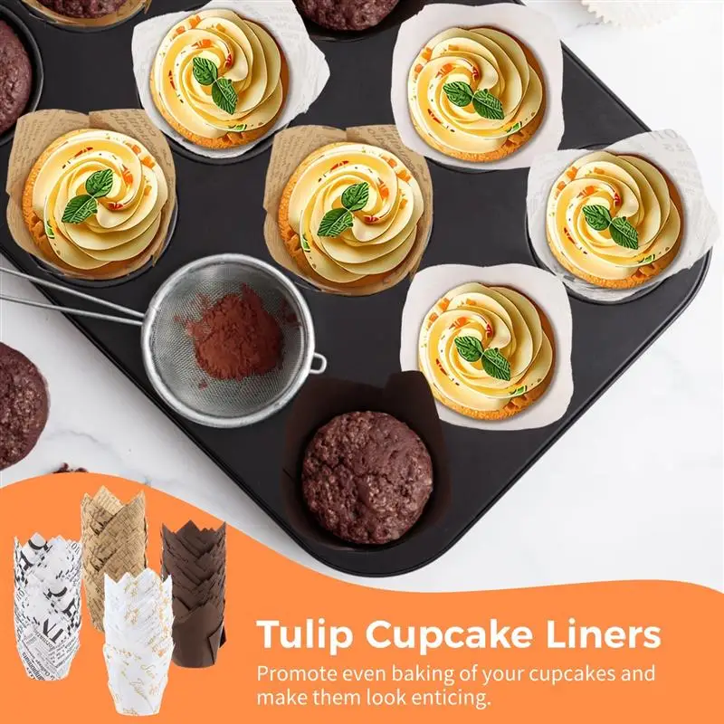 200Pcs Tulip Cupcake Liners Baking Paper Cups Muffin Baking Liners Mini Floral Cupcake Wrappers For Party Wedding Bridal Shower