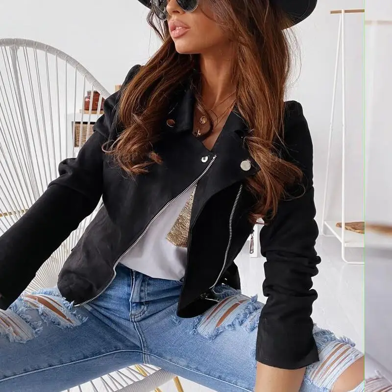 スリムフィット レディース 春秋 スエード レザー ジャケット ジッパー カーディガン バイク用 スポーツコート ストリート スタイル ロングスリーブ