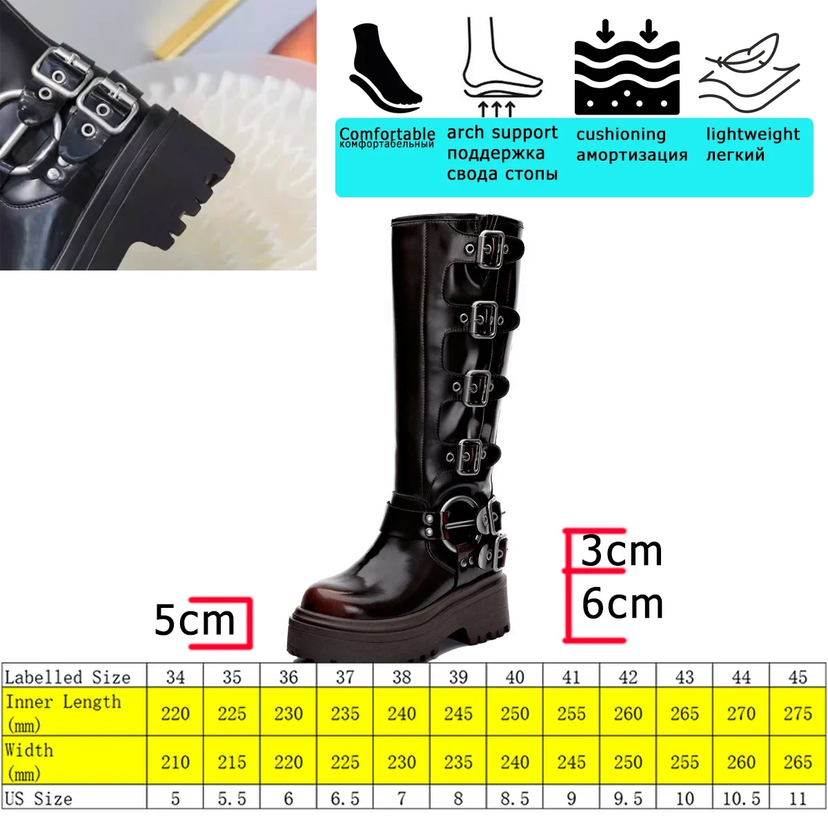 9cm Chunky Heel Motorcycle Boots for Women Vintage Punk Knee High Boots Genuine Leather Platform Women Boots ladies shoes