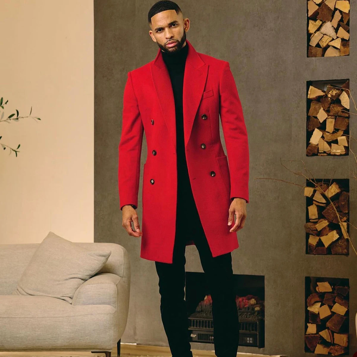 Autumn Red Men Long Coat Double Breasted Blazer Cotton Solid Color Business Slim Fit Vintage Wool Blended Windproof Overcoat