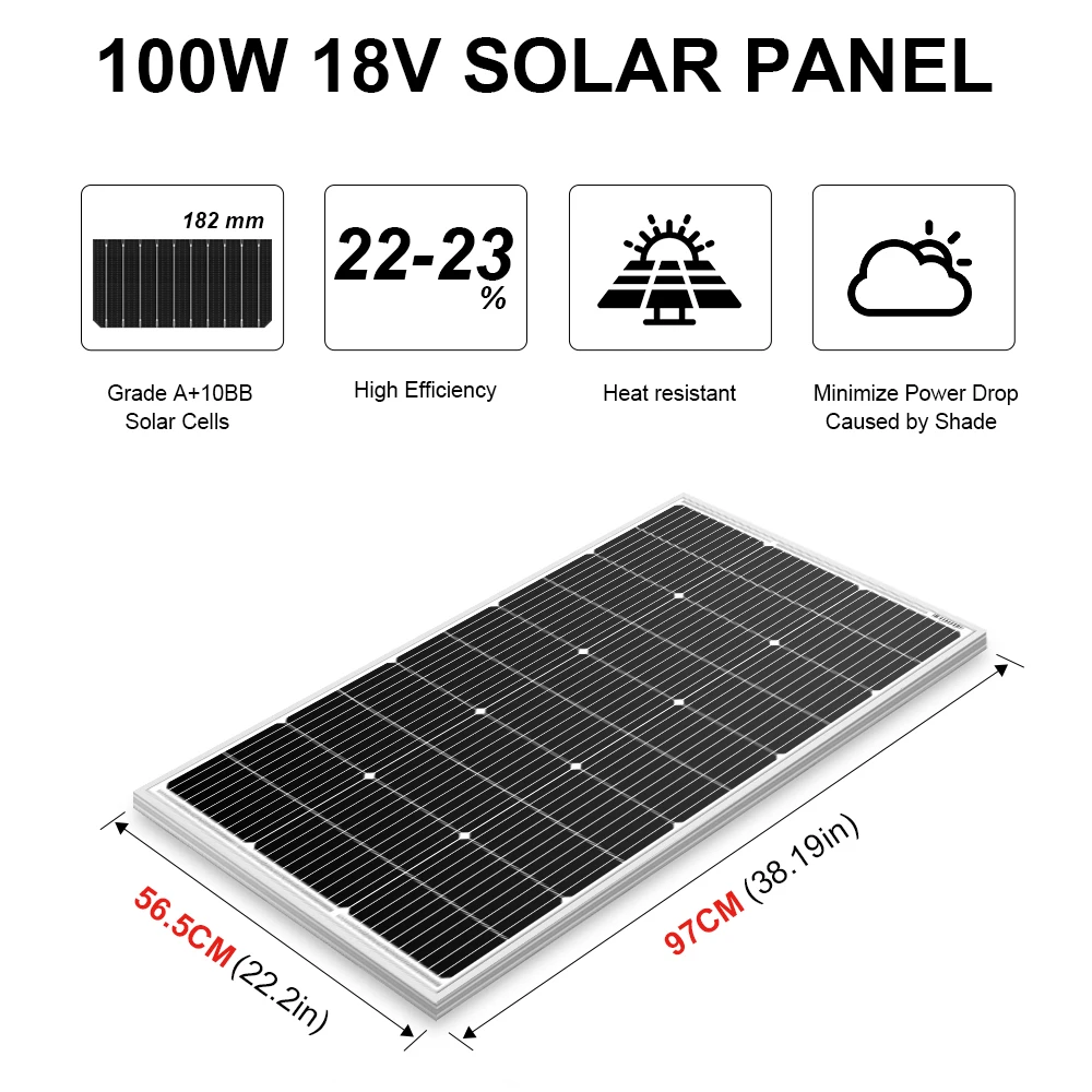 Dokio 단단한 태양 전지 패널, 중국 방수, 단결정 실리콘 태양 전지 패널 충전, 12V # DSP-100M, 18V 100W