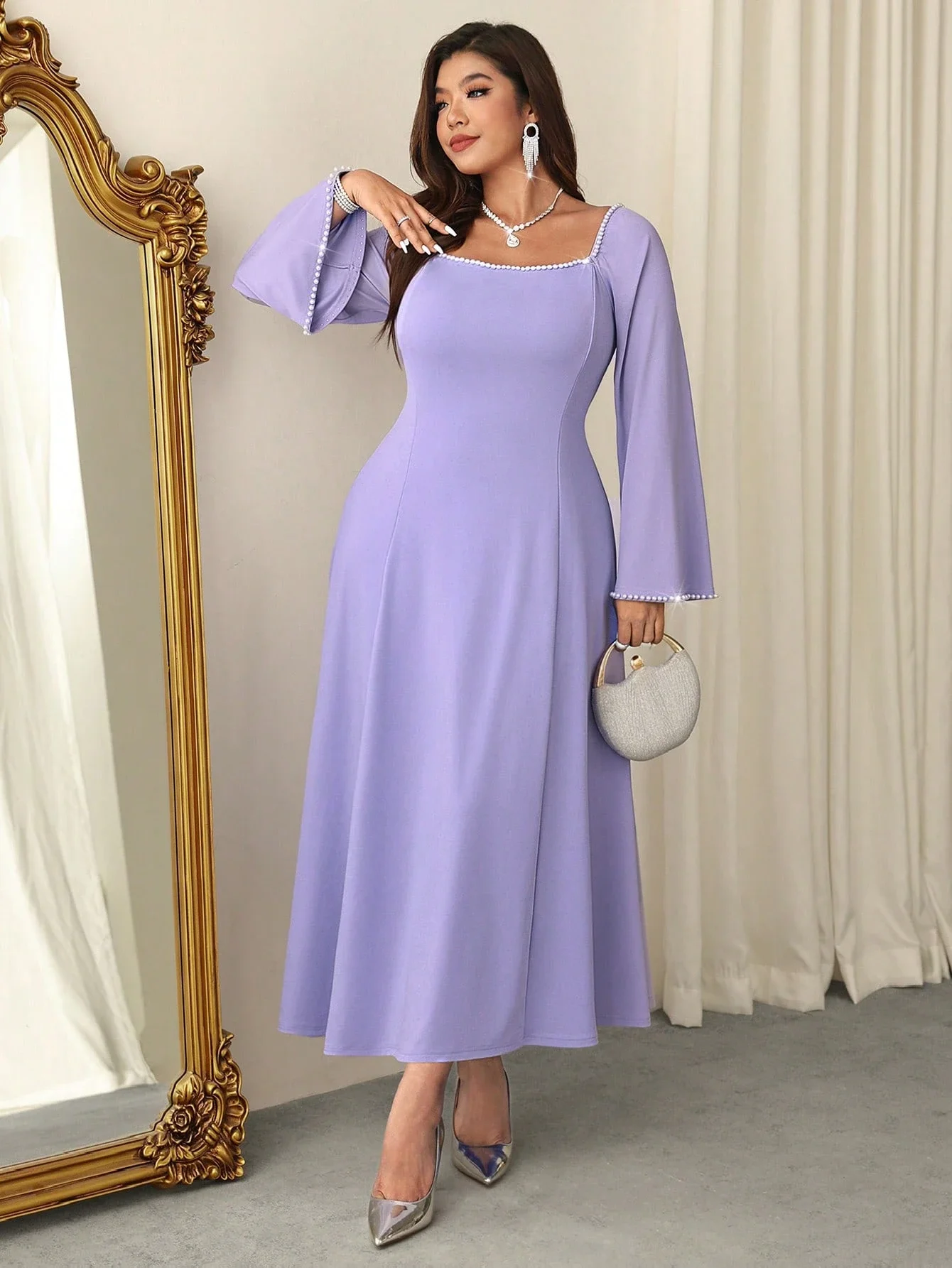 

Elegant Lilac Long Sleeve Flare Sleeve Party Dress With Beaded Trim