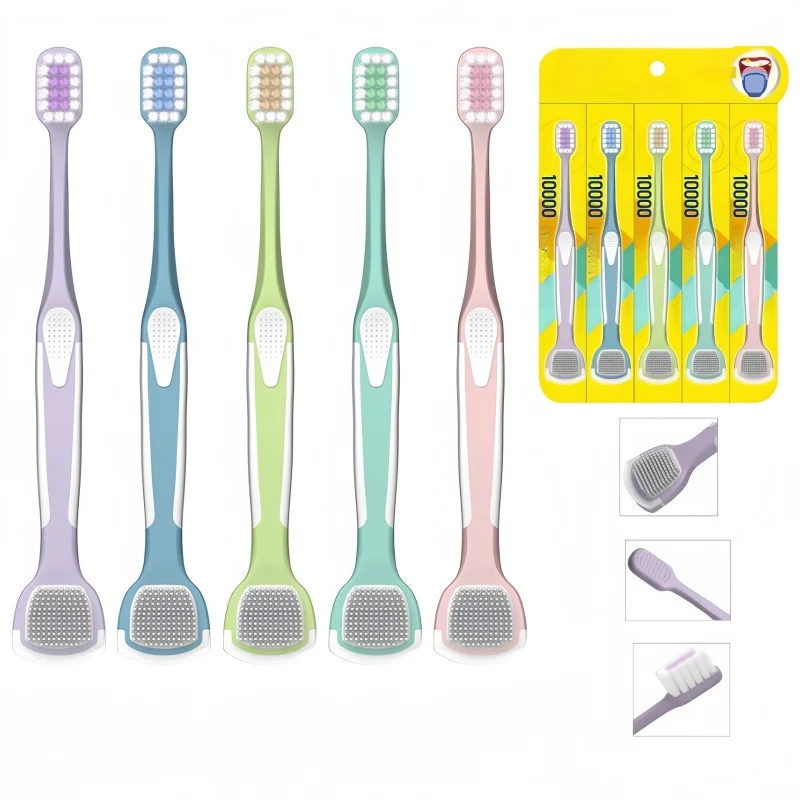 5pcs Tongue Scraping Coating Toothbrush Double Head Toothbrush with Tongue Scraper Soft Bristle Toothbrush Oral Cleaning Brush