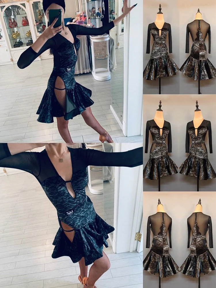 Vestito da ballo latino in velluto sexy Vestito da prestazione per donna Rumba Tango Costumi di scena Manica lunga Vestito latino Abbigliamento da pratica VBH2046