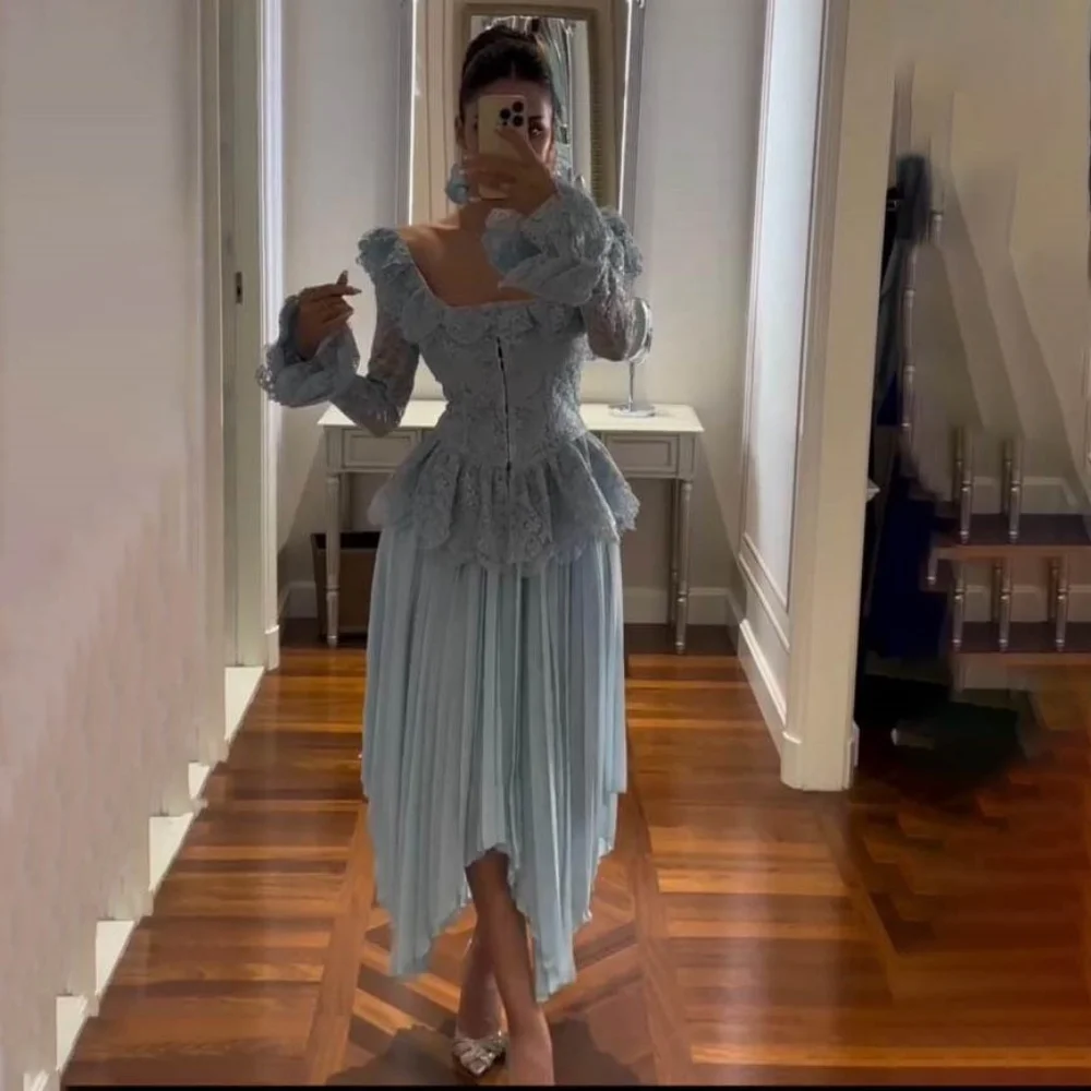 

Customized Exquisite Ruched Women Prom Dress Charming Long Sleeve Mermaid Short Party Dress Women Lace Applique Evening Gown